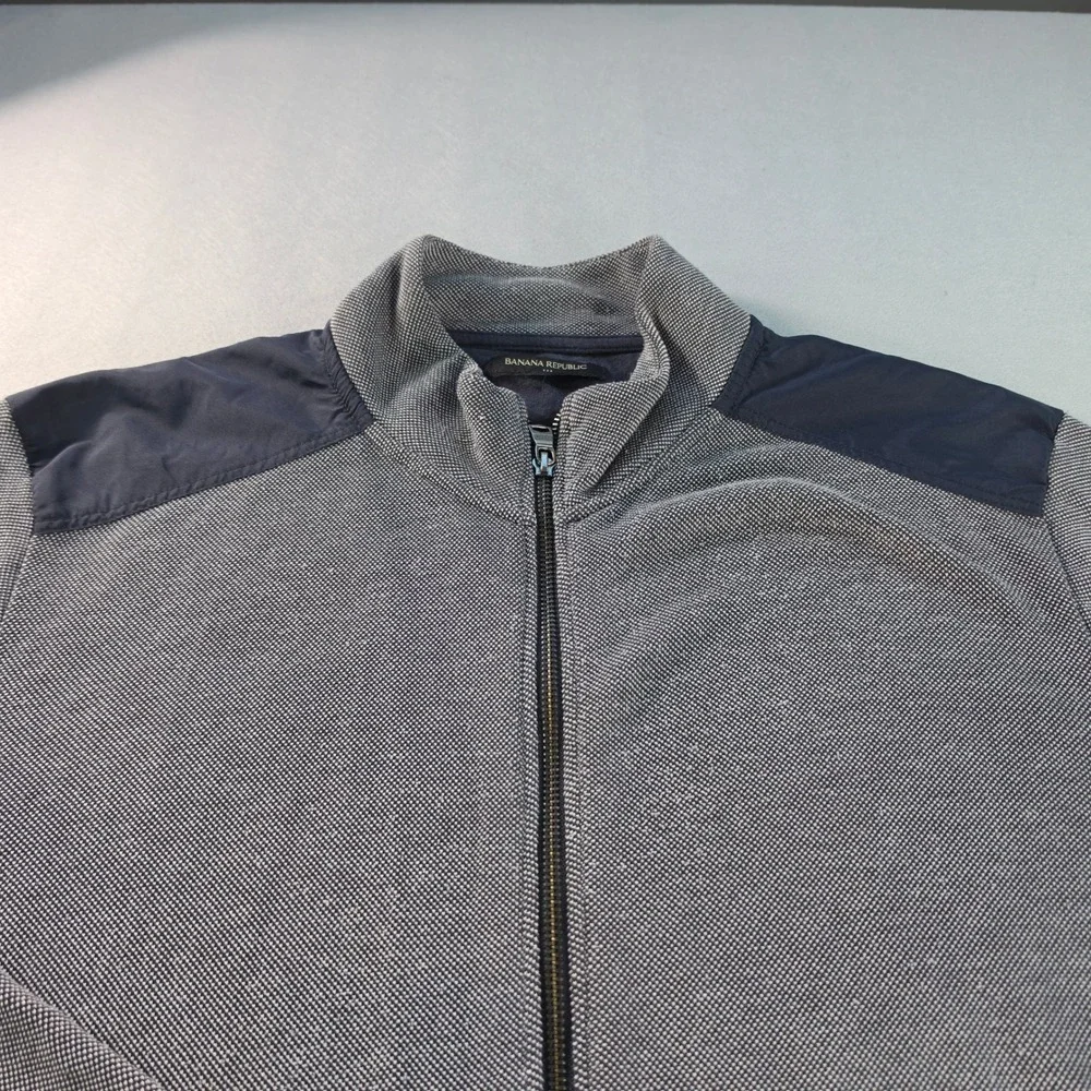 Banana Republic Mens XL Full Zip Mock Neck Jacket Gray Navy Blue Textured Knit